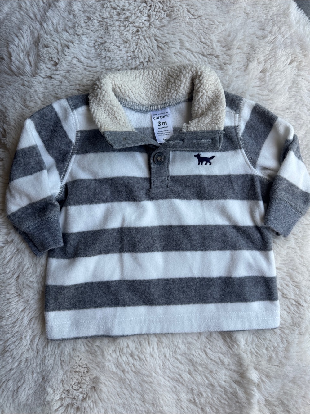 Carter's 3mos. Gray and White Striped Sherpa-Collar Polo Sweater